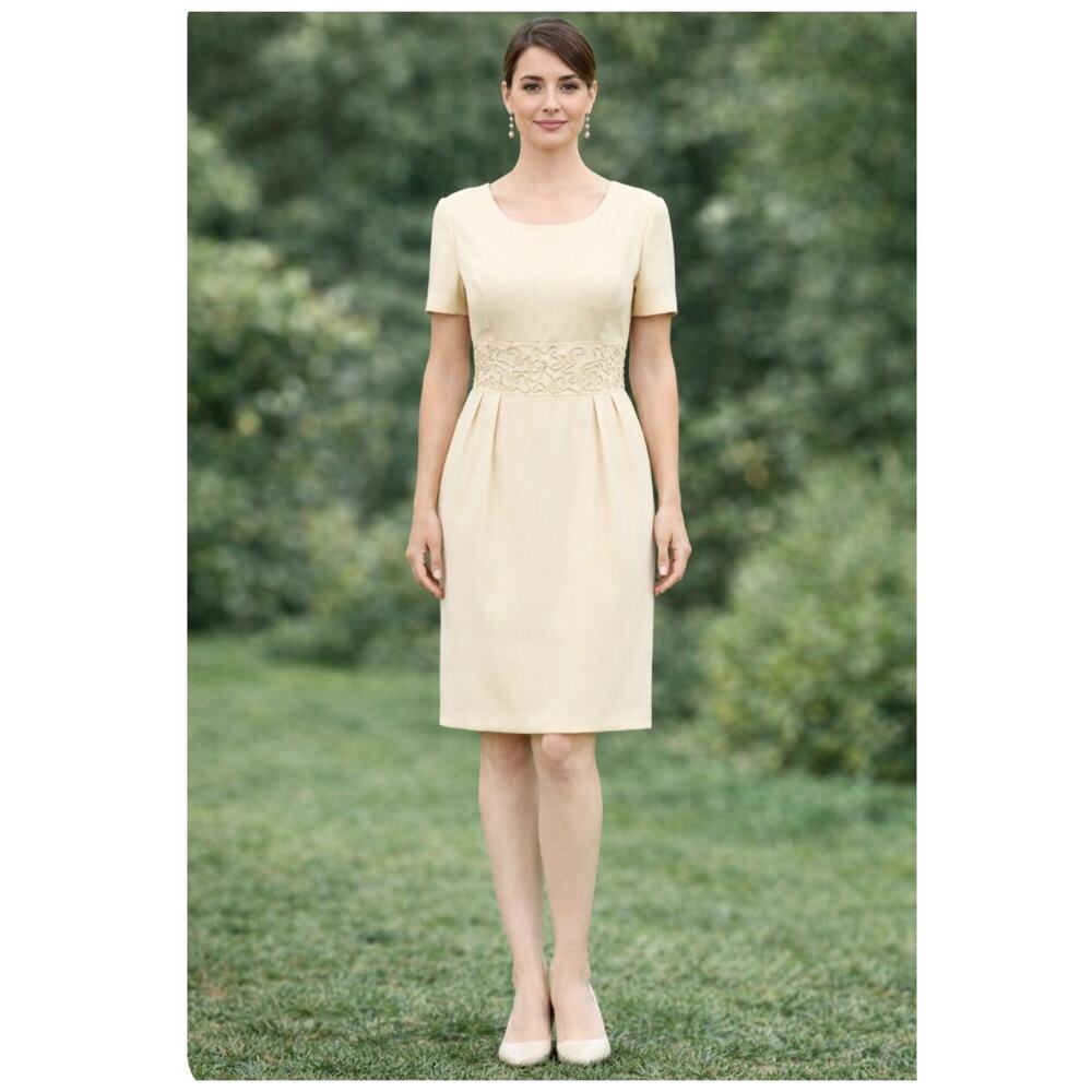 Vintage Donna Morgan Butter Yellow Sheath Dress 6P Pearl Soutache Waist Tie
